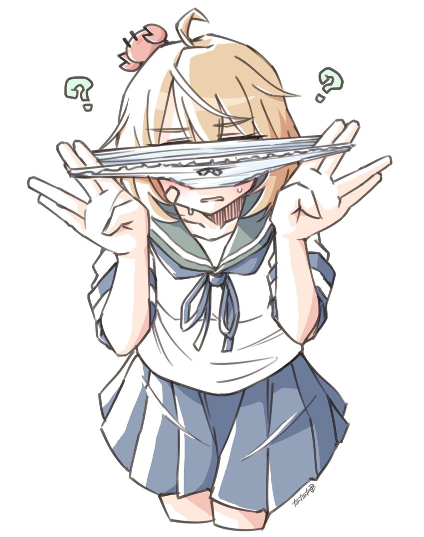 1girl ? \// ahoge animal animal_on_head antenna_hair bandaid bandaid_on_face blue_bow blue_skirt bow bow_panties brown_eyes brown_hair commentary_request covering_own_eyes cowboy_shot crab_on_head cropped_legs green_sailor_collar highres holding holding_panties holding_underwear holding_unworn_clothes kantai_collection leaning_forward oboro_(kancolle) on_head panties pleated_skirt presenting_removed_panties sailor_collar sailor_shirt school_uniform serafuku shirt short_hair simple_background skirt sweat tatahai underwear white_background white_panties white_shirt