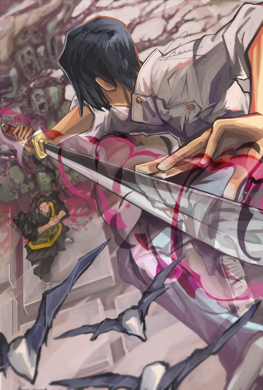 2boys black_hair black_kimono black_pants buttons cursed_energy_(jujutsu_kaisen) cursed_spirit_(jujutsu_kaisen) domain_expansion fighting from_above getou_suguru getou_suguru_(kenjaku) grin hair_bun hair_pulled_back high_collar highres holding holding_sword holding_weapon jacket japanese_clothes jujutsu_kaisen jujutsu_tech_uniform katana kimono long_hair long_sleeves male_focus monster multiple_boys okkotsu_yuuta own_hands_together pants scar scar_on_face scar_on_forehead school_uniform short_hair signature single_hair_bun smile spoilers stitched_face stitches sword tomorrow4431 weapon white_jacket
