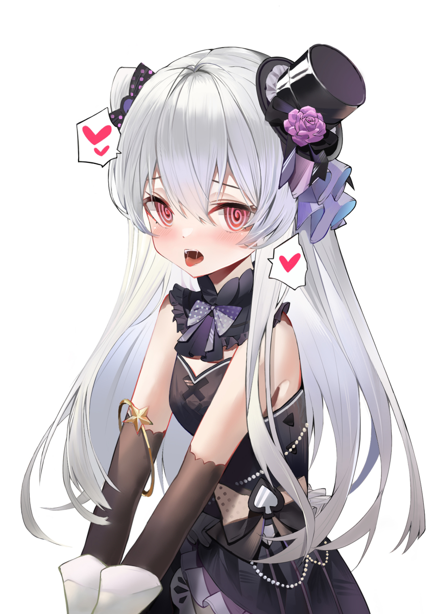 1girl @_@ absurdres bangle black_bow black_dress black_hat blush bow bowtie bracelet breasts chinese_commentary commentary_request detached_sleeves dress flower gloves grey_hair hair_between_eyes hair_bow hat hat_flower heart highres jewelry long_hair looking_at_viewer mini_hat mini_top_hat original paheide_guang pink_flower polka_dot polka_dot_bow red_eyes saliva sidelocks simple_background sleeveless sleeveless_dress small_breasts solo spade_(shape) spoken_heart star_(symbol) teeth tilted_headwear tongue tongue_out top_hat two_side_up upper_teeth_only v_arms white_background white_gloves