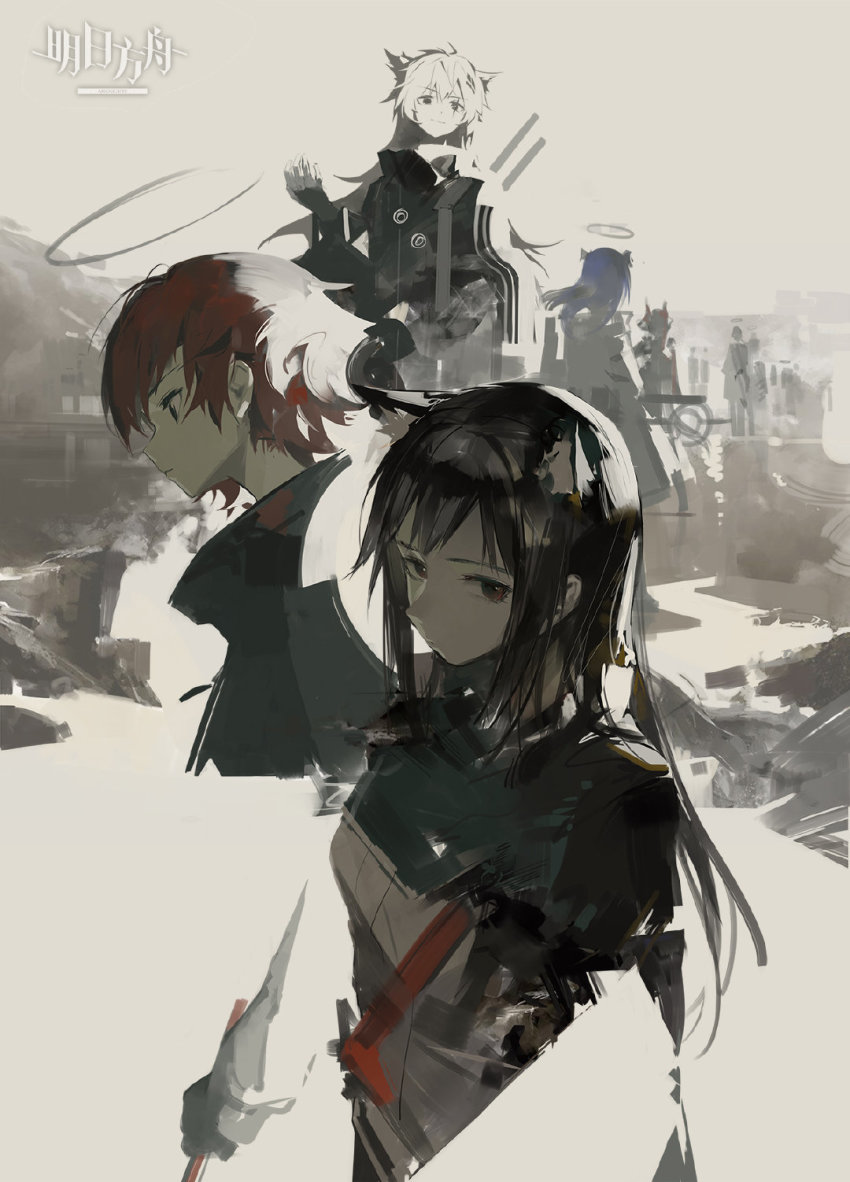 animal_ears arknights black_hair blue_hair coat exusiai_(arknights) fiammetta_(arknights) hair_ornament halo highres horns huanxiang_heitu lappland_(arknights) mostima_(arknights) multiple_girls red_hair short_hair texas_(arknights) weapon white_hair