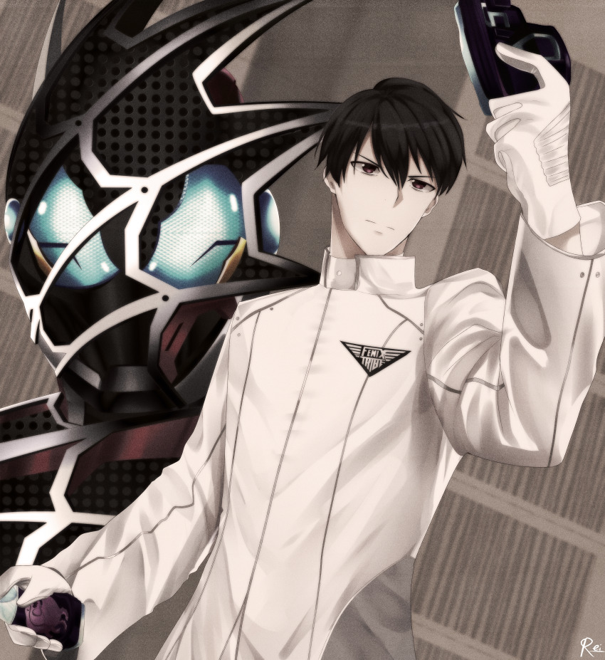 absurdres arm_up black_hair blue_eyes brown_eyes bug compound_eyes dual_persona emblem extra_eyes fenix_uniform gloves highres holding kadota_hiromi kamen_rider kamen_rider_demons kamen_rider_revice male_focus military military_uniform reiei_8 revice_driver rider_belt spider spider_genome spider_web_print tokusatsu upper_body vistamp white_gloves white_uniform