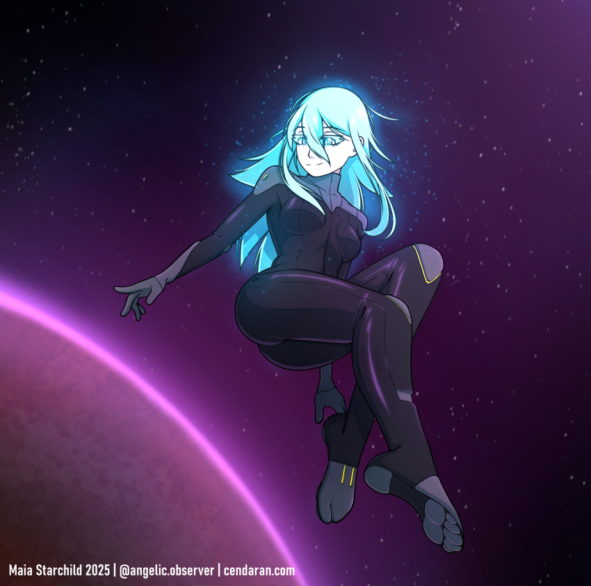1girl 2025 blue_eyes blue_hair bodysuit cendaran cendarii feet gloves glowing glowing_eyes glowing_hair highres knee_pads long_hair looking_at_viewer maia_starchild messy_hair navriel_(cendaran) pawpads planet self-upload skin_tight smile solo space
