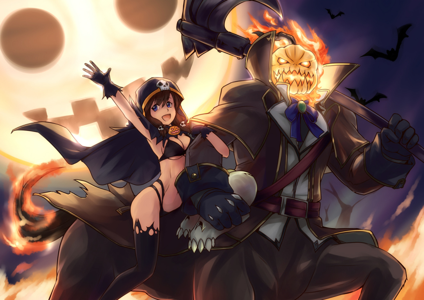 1girl alternate_costume artist_self-insert axe bat_(animal) bikini bikini_top_only blue_eyes breasts brown_hair centaur fire gloves halloween halloween_costume headless_horseman hecarim hood league_of_legends moon nam_(valckiry) pantyhose pumpkin_hat ribbon short_hair skull summoner_(league_of_legends) swimsuit taur torn_clothes torn_legwear underboob weapon