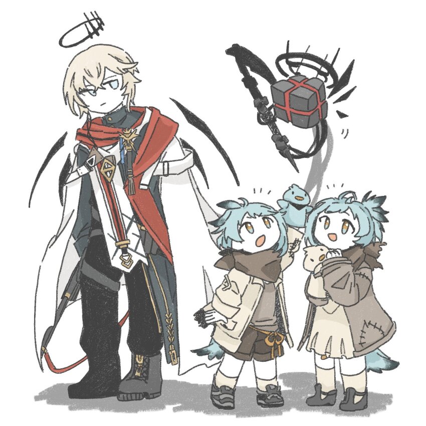 1girl 2boys arknights black_pants blue_eyes blue_hair boots brown_dress brown_eyes brown_hair brown_jacket brown_shoes brown_shorts brown_socks cloak closed_mouth commentary_request cube dress erendel_(arknights) estara_(arknights) executor_(arknights) executor_the_ex_foedere_(arknights) grey_boots grey_jacket halo hand_puppet highres jacket jitome multiple_boys notice_lines pants puppet shadow shoes shorts simesabakure04 simple_background socks standing tail white_background white_cloak