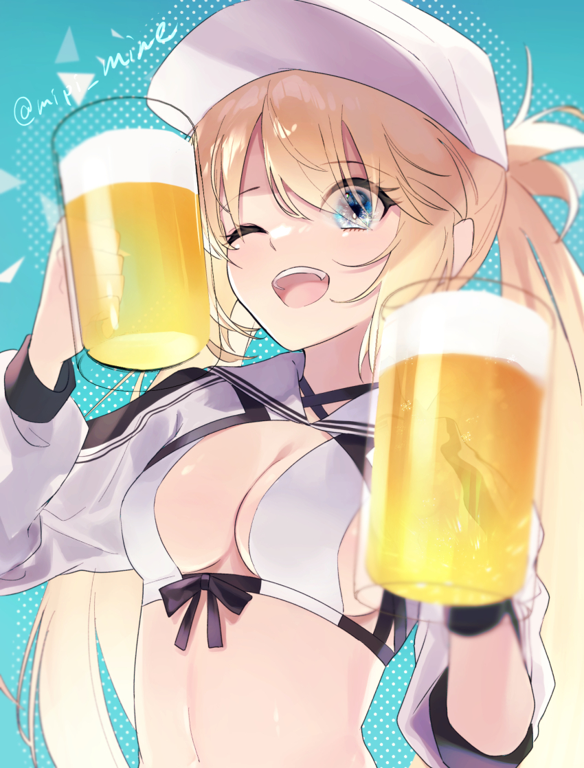 1girl artoria_caster_(fate) artoria_caster_(swimsuit_berserker)_(fate) artoria_caster_(swimsuit_berserker)_(first_ascension)_(fate) artoria_pendragon_(fate) asymmetrical_clothes beer_mug blonde_hair blue_background breasts cleavage cropped_jacket cup drink fate/grand_order fate_(series) green_eyes hat highres holding holding_cup holding_drink jacket long_hair long_sleeves mipi mug navel one_eye_closed open_mouth simple_background small_breasts smile solo swimsuit twintails upper_body very_long_hair white_hat white_jacket white_sleeves