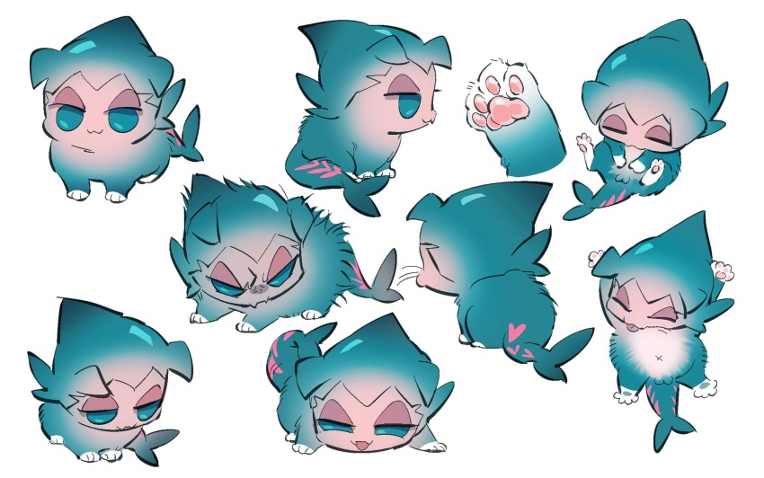 1boy angry animal animal_focus animalization aqua_eyes aqua_fur aqua_hair belly blue_eyes blue_fur blue_hair cat chibi closed_eyes closed_mouth cookie_run droopy_ears fangs fin fins fish_tail from_side full_body gradient_fur gradient_hair highres licking licking_self looking_at_viewer looking_down looking_to_the_side lying male_focus multicolored_fur multicolored_hair multiple_views navel on_back open_mouth pawpads pink_fur pink_hair pink_stripes shark_boy shark_fin simple_background skin_fangs sleeping smile sorbet_shark_cookie standing tail tongue tongue_out two-tone_fur two-tone_hair white_background white_fur white_hair
