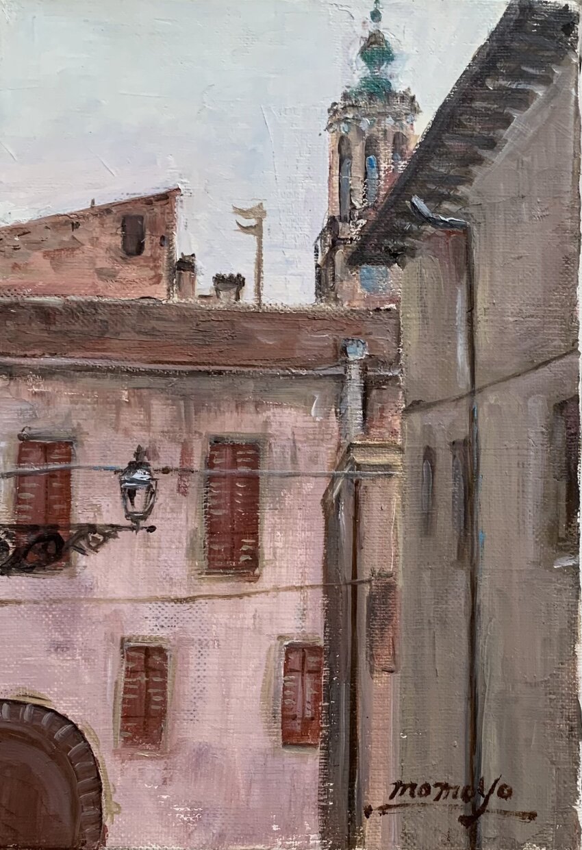 building day dome highres lamp momo7rosemary no_humans original painting_(medium) road scenery street tower town traditional_media window
