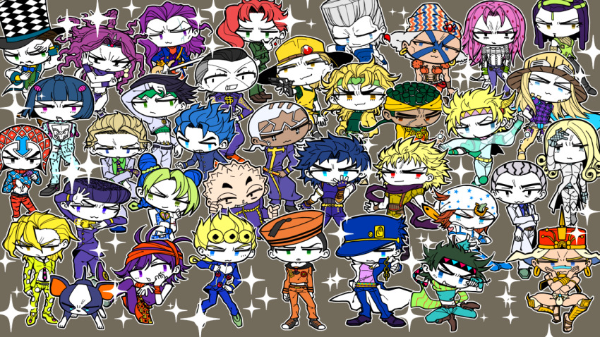 1girl 6+boys bandana black_eyes black_hair black_headband black_headwear black_necktie blonde_hair blue_coat blue_eyes blue_hair blue_headwear blue_pants blue_shirt blunt_bangs boots brown_background brown_footwear brown_hair bruno_bucciarati buttons caesar_anthonio_zeppeli chain character_request checkered_clothes checkered_hat chibi clenched_hand clenched_teeth closed_mouth coat colored_skin commentary_request copyright_request crop_top crossed_arms curly_hair dio_brando dog dollar_sign double_bun enrico_pucci esidisi fingerless_gloves floating_hair full_body gedougawa giorno_giovanna gloves green_eyes green_headband green_shirt grey_hair grin gun gyro_zeppeli hair_between_eyes hair_bun hair_ornament handgun hat headband heart helmet hirose_koichi hol_horse holding holding_gun holding_weapon horseshoe_hat_ornament iggy_(jojo) jean_pierre_polnareff johnny_joestar jojo_no_kimyou_na_bouken jojo_pose joseph_joestar joseph_joestar_(young) kars_(jojo) kira_yoshikage kira_yoshikage_(jojolion) kuujou_jolyne kuujou_joutarou long_bangs long_hair looking_at_viewer looking_to_the_side medium_hair midriff mohammed_avdol multiple_boys necktie nijimura_okuyasu nose_piercing nose_ring open_clothes open_coat open_mouth orange_hair orange_headwear orange_pants orange_shirt outline pants parted_bangs piercing pink_hair pink_headband pink_shirt purple_eyes purple_footwear purple_gloves purple_hair purple_pants purple_scarf purple_shirt red_eyes red_hair revolver sailor_hat sandals scarf shirt shoes short_bangs short_hair smile sparkle teeth very_short_hair wamuu weapon white_bandana white_headwear white_outline white_skin wing_hair_ornament yellow_headwear yellow_shirt