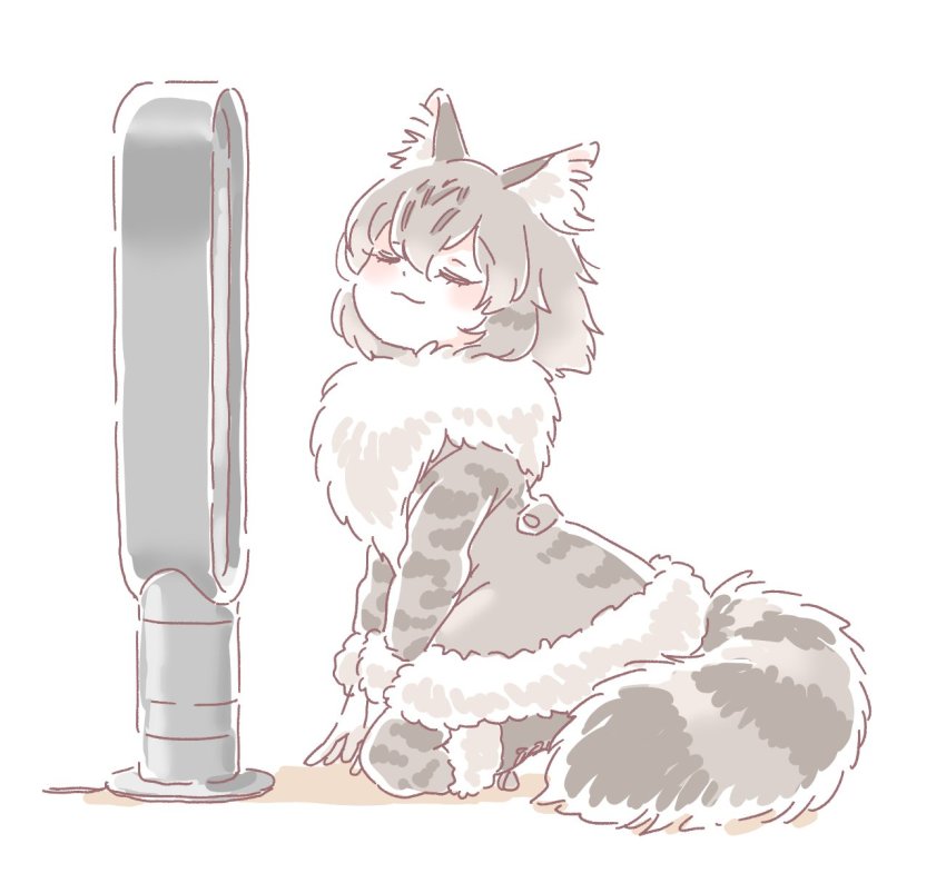 10s 1girl :3 animal_ear_fluff animal_ears bladeless_fan blush boots cat_ears cat_tail closed_eyes coat commentary_request female_focus fur_collar fur_trim grey_hair hand_fan highres kemono_friends long_sleeves mitsumoto_jouji multicolored_hair norwegian_forest_cat_(kemono_friends)_(mitsumoto_jouji) original short_hair solo tail
