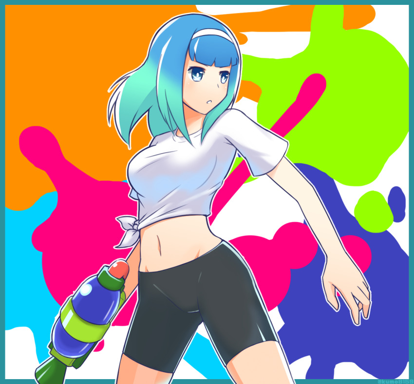 1girl bike_shorts blue_eyes blue_hair breasts capcom e.x._troopers highres hip_bones kumo8159 large_breasts lost_planet midriff multiple_boys navel nintendo shirt sidelocks splatoon_(series) t-shirt thighs tiki_(e.x._troopers)