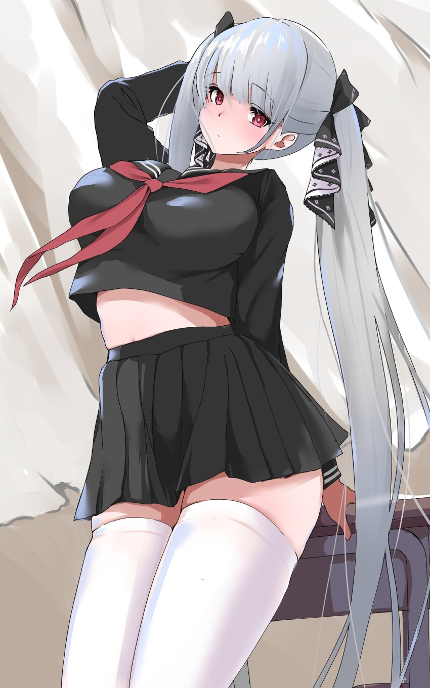 absurdly_long_hair absurdres azur_lane black_skirt breasts curtains desk formidable_(azur_lane) formidable_(the_lover&#039;s_heart_flutters_on_duty)_(azur_lane) grey_hair highres large_breasts long_hair p.i.t.d red_eyes sailor_collar school_uniform serafuku skirt thighhighs twintails very_long_hair white_thighhighs