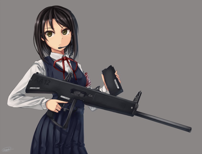 1girl aa_12 bad_id bad_pixiv_id black_hair brown_eyes dreadtie female_focus gun headset highres original reloading short_hair shotgun signature solo trigger_discipline weapon
