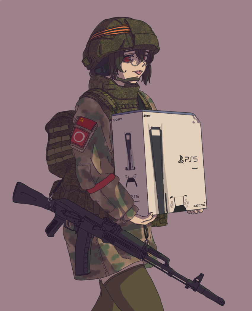 1girl ak-74 assault_rifle b1-517 backpack bag black_hair body_armor carrying chin_strap game_console glasses gun helmet highres kalashnikov_rifle military military_combat_uniform military_uniform original playstation_5 red_eyes rifle russian_ground_forces soviet_flag suppressor tactical_clothes tongue tongue_out weapon