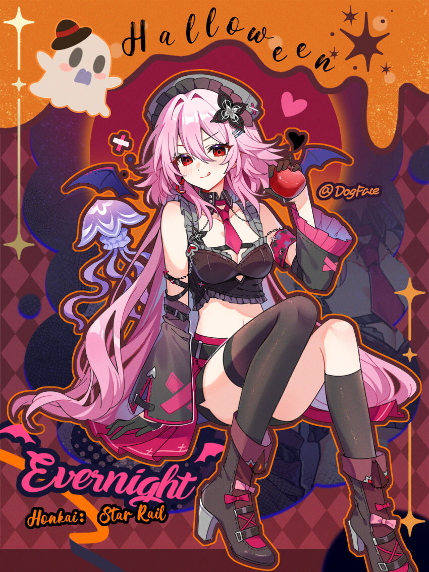 1girl absurdres alternate_costume apple asymmetrical_legwear black_boots black_gloves black_socks black_thighhighs boots character_name closed_mouth copyright_name detached_sleeves evernight_(honkai:_star_rail) food fruit full_body gloves gou_lianlian_dogface hair_between_eyes half_gloves halloween highres holding holding_food holding_fruit honkai:_star_rail honkai_(series) kneehighs long_hair looking_at_viewer march_7th_(honkai:_star_rail) navel necktie pink_hair sitting smile socks solo stomach thighhighs tongue tongue_out uneven_legwear very_long_hair