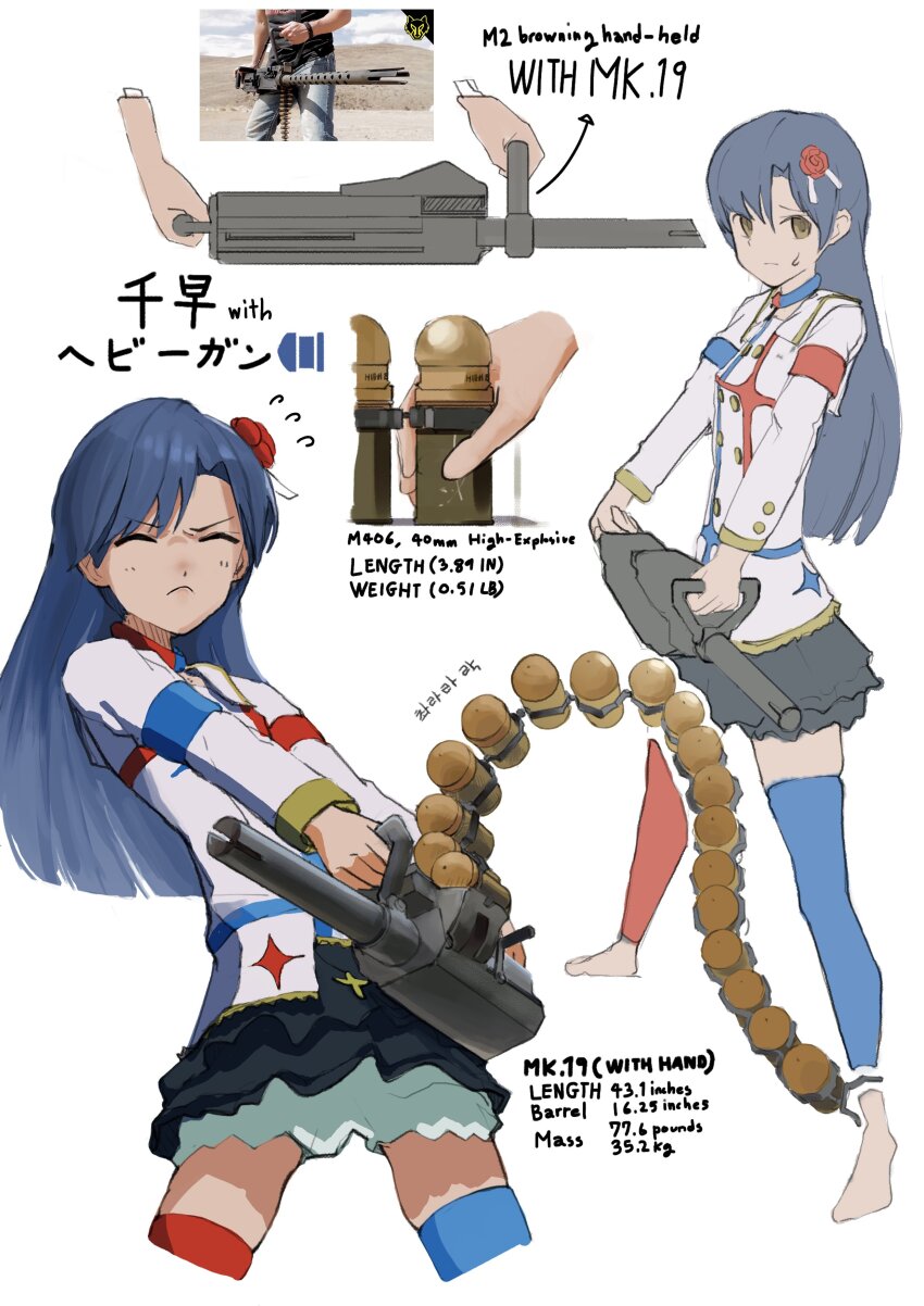 .50_bmg 1girl 40x53mm_hv 40x53mm_hv_he_m406 absurdres ammunition ammunition_belt anti-materiel_cartridge asymmetrical_legwear automatic_grenade_launcher blue_hair blue_thighhighs brown_eyes browning_m2 bullet ch2haya_p choker closed_eyes closed_mouth cowboy_shot explosive flower full_body grenade grenade_cartridge grenade_launcher gun hair_flower hair_ornament heavy_machine_gun high-explosive high-explosive_cartridge highres hmg_cartridge holding holding_gun holding_weapon idolmaster idolmaster_(classic) idolmaster_movie kisaragi_chihaya long_sleeves machine_gun mismatched_legwear mk_19_grenade_launcher multiple_views red_flower red_rose red_thighhighs reference_inset rifle_cartridge rose simple_background starpiece_memories_(idolmaster) thighhighs uneven_legwear weapon white_background
