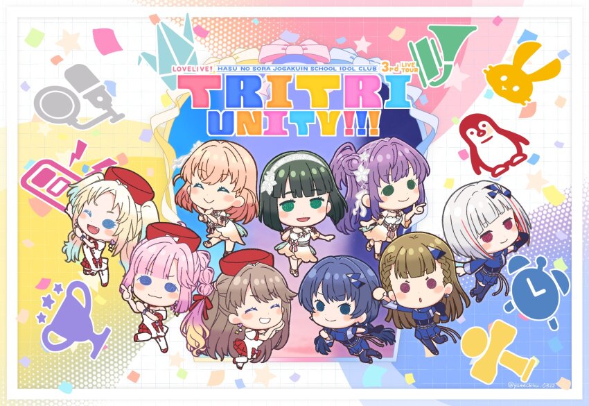 3rd_live_tour_try_tri_unity!!! 6+girls :3 :d :o ;d ^_^ ahoge anyoji_hime aoku_haruka/flower asymmetrical_legwear asymmetrical_sleeves black_hair blonde_hair blue_background blue_eyes blue_gloves blue_hair blue_pantyhose blue_shirt blue_shorts blue_thighhighs blunt_bangs blunt_ends blush_stickers bob_cut braid brown_hair center-flap_bangs character_logo chibi chibi_only closed_eyes closed_mouth colored_inner_hair copyright_name crossed_bangs dark_blue_hair diagonal_bangs dress earrings elbow_gloves fang flower frilled_dress frills fujishima_megumi gloves gradient_clothes gradient_dress gradient_hair green_eyes grey_hair grin hair_bun hair_flower hair_intakes hair_ornament hair_ribbon hairband hat highres hinoshita_kaho inverted_bob jewelry kachimachi_kosuzu lace_hairband ladybug/beauty_(love_live!) light_blue_hair link!_like!_love_live! long_hair long_sleeves love_live! low_twintails medium_hair miracreation/elegance momose_ginko multi-tied_hair multicolored_hair multiple_girls murano_sayaka off-shoulder_dress off_shoulder official_alternate_costume one_eye_closed open_mouth orange_dress orange_hair osawa_rurino otomune_kozue pantyhose parted_bangs pink_background pink_eyes pink_flower pink_hair ponytail purple_hair red_dress red_eyes red_hair red_hat red_ribbon ribbon shirt short_hair short_shorts short_sleeves shorts side_braids side_ponytail sidelocks single_elbow_glove single_glove single_leg_pantyhose single_side_bun single_thighhigh smile straight_hair streaked_hair swept_bangs thighhighs twintails two-tone_dress two_side_up uneven_legwear uneven_sleeves virtual_youtuber white_background white_dress white_hairband yellow_background yugiri_tsuzuri yumechiku