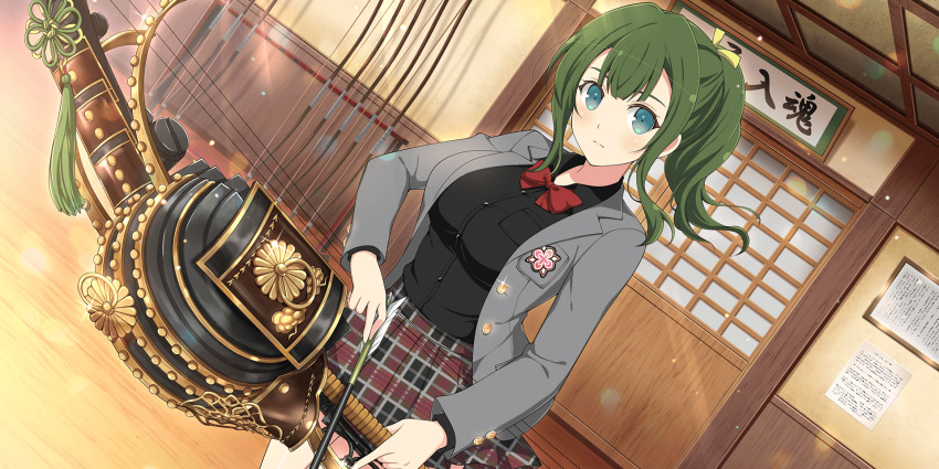 blue_eyes bow_and_arrow breasts dojo green_hair highres hiyori_(senran_kagura) large_breasts official_art school_uniform senran_kagura senran_kagura_new_link side_ponytail