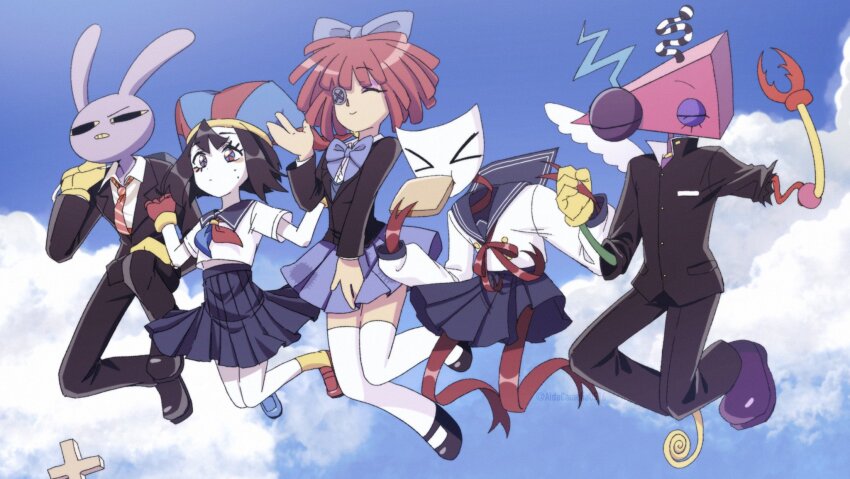 &gt;_&lt; 2boys 4girls aida_(aidacamelia0516) alternate_art_style animal_ears asymmetrical_gloves asymmetrical_legwear backpack bag black_pants black_suit blue_bow blue_eyes blue_necktie blue_skirt blush_stickers bow bowtie bread bread_slice brown_hair button_eyes buttons closed_eyes cloud colored_skin colored_teeth comedy_and_tragedy_masks commentary cross food food_in_mouth formal_clothes full_body gangle_(the_amazing_digital_circus) glitch_productions gloves hair_bow hat highres holding jax_(the_amazing_digital_circus) jester_cap k-on! kinger_(the_amazing_digital_circus) kirara_jump long_sleeves mary_janes mismatched_gloves mismatched_legwear mouth_hold multicolored_bow multicolored_bowtie multicolored_eyes multiple_boys multiple_girls necktie out_of_frame outdoors pants pleated_skirt pomni_(the_amazing_digital_circus) purple_shoes rabbit_boy ragatha_(the_amazing_digital_circus) red_eyes red_gloves red_hair school_uniform shirt shoes short_hair short_sleeves skirt sky striped_clothes striped_headwear suit sweatdrop the_amazing_digital_circus thighhighs toast toast_in_mouth twitter_username two-tone_eyes white_shirt white_skin yellow_gloves yellow_teeth zooble_(the_amazing_digital_circus)
