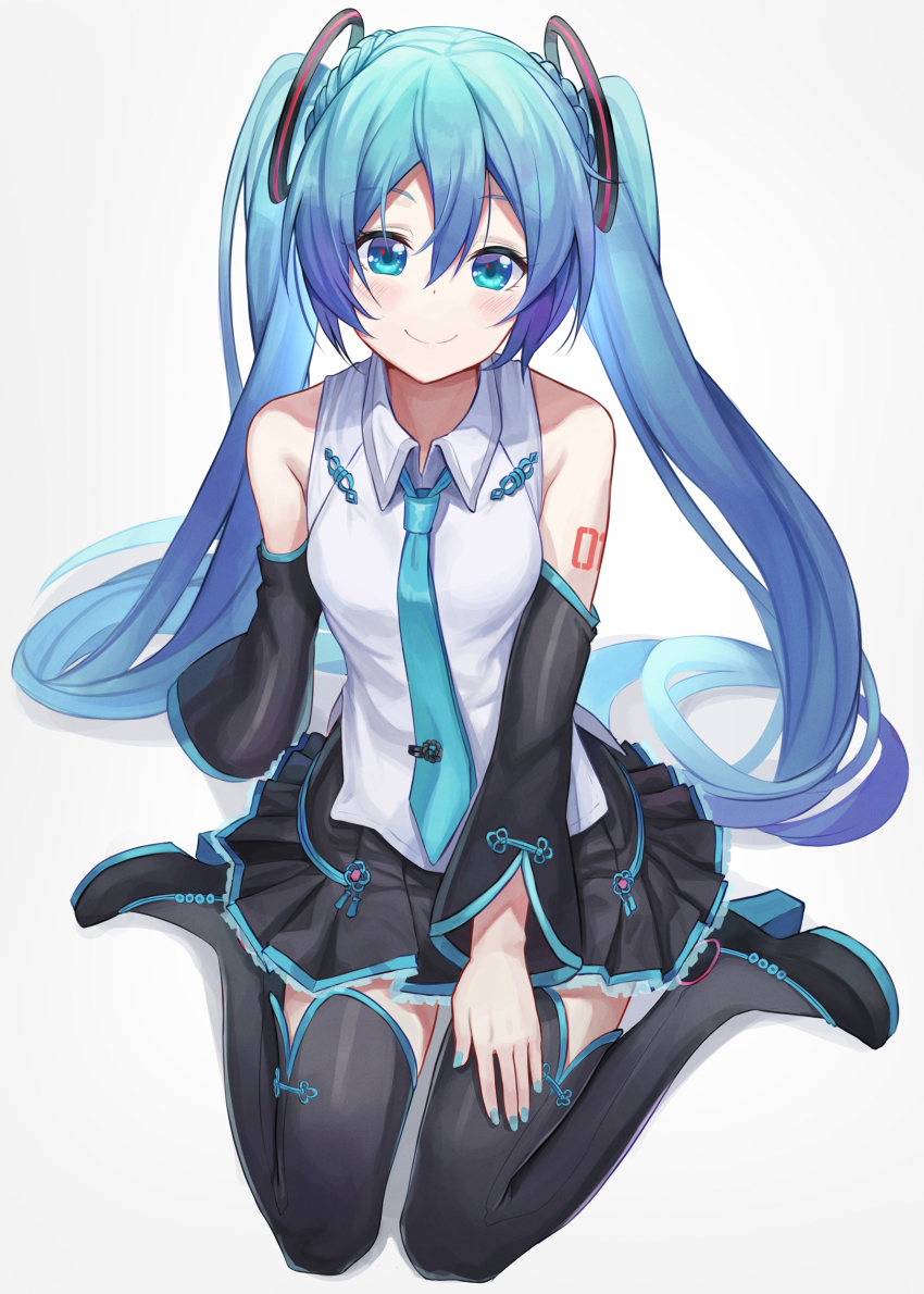 1girl absurdres bare_shoulders bib_(bibboss39) black_footwear black_skirt black_sleeves blue_eyes blue_hair blue_necktie blush breasts closed_mouth collared_shirt detached_sleeves full_body gradient_background hatsune_miku hatsune_miku_(vocaloid4)_(chinese) high_heels highres long_hair long_sleeves looking_at_viewer medium_breasts miniskirt necktie number_tattoo pleated_skirt shirt shoulder_tattoo sitting skirt smile solo tattoo thighhighs twintails very_long_hair vocaloid wariza white_background white_shirt wing_collar zettai_ryouiki