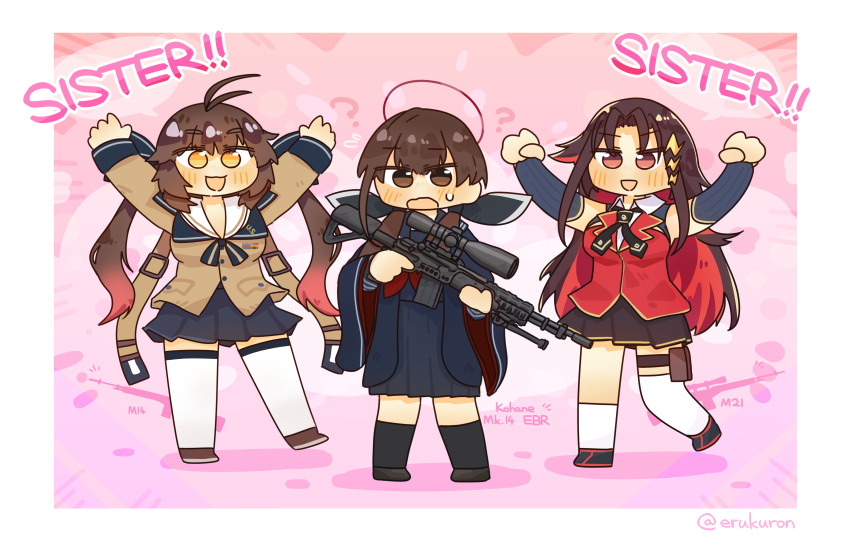 3girls ? absurdres ahoge antenna_hair arms_up asymmetrical_legwear battle_rifle black_necktie black_shoes black_socks blue_shirt blue_skirt border breasts brown_eyes brown_hair brown_jacket brown_skirt character_name commission commissioner_upload crossover english_text girls&#039;_frontline gun hair_ornament hairclip hairstyle_connection highres holding holding_weapon jacket lcron long_skirt m14 m14_(girls&#039;_frontline) m21 m21_(girls&#039;_frontline) medium_breasts mk_14_ebr multiple_girls necktie ohitome_kohane open_mouth pixiv_commission pouch project_kv red_hair red_jacket rifle scope shirt shoes skirt sleeveless sleeveless_jacket sleeveless_shirt smile socks sweatdrop thigh_pouch thighhighs trigger_discipline twintails twitter_username weapon white_border white_thighhighs yellow_eyes