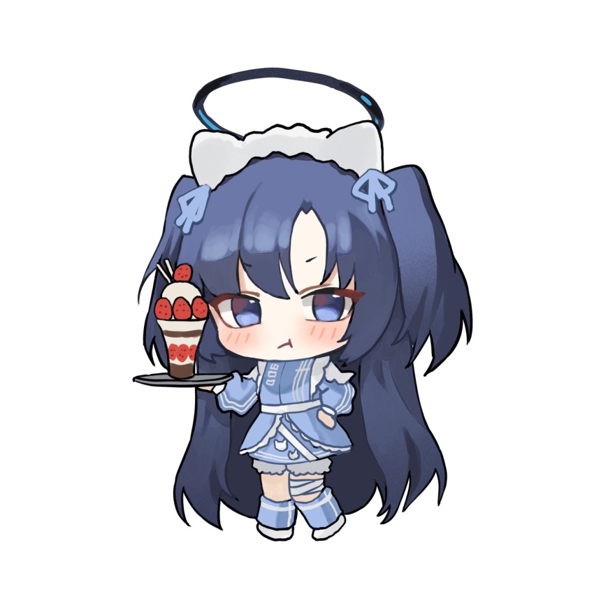 1girl :t animal_ear_headband black_halo blue_archive blue_dress blue_eyes blue_hair blush chibi dress drinking_straw food fruit halo hand_on_own_hip highres holding holding_tray korean_commentary long_hair long_sleeves mechanical_halo muffin_(loveenanag) parfait pout simple_background solo standing strawberry tray two_side_up white_background yuuka_(blue_archive)