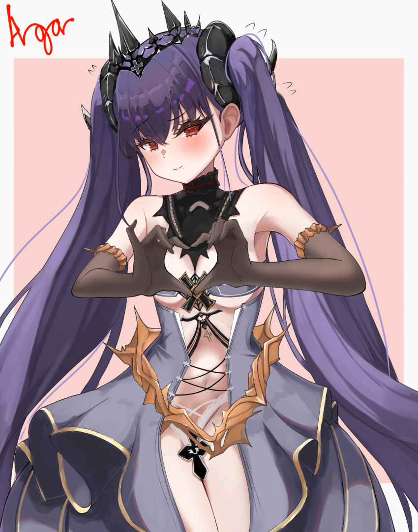 1girl argar_demo azur_lane bare_shoulders black_crown black_dress black_gloves blue_dress blush breasts commentary_request cross crown dress elbow_gloves embarrassed felix_schultz_(azur_lane) frontless_outfit gloves hair_between_eyes half-closed_eyes hands_up heart heart_hands highres iron_cross long_hair midriff navel purple_hair red_eyes revealing_clothes sleeveless sleeveless_dress small_breasts solo standing thighs twintails very_long_hair