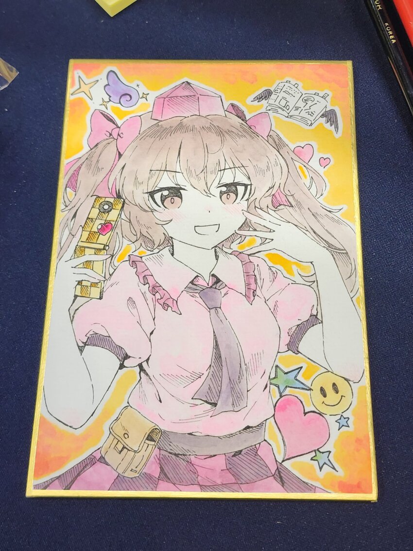 1girl :d belt black_belt blush bow brown_eyes brown_hair cellphone checkered_clothes checkered_skirt commentary_request cowboy_shot emoji frilled_shirt_collar frills hair_between_eyes hair_bow hands_up hat hatching_(texture) heart highres himekaidou_hatate holding holding_phone kaoling korean_commentary linear_hatching medium_hair necktie open_mouth outline phone photo_(medium) pink_bow pink_shirt pink_skirt pouch puffy_short_sleeves puffy_sleeves purple_necktie purple_skirt shikishi shirt short_sleeves skirt smile smile_emoji solo sparkle split_mouth star_(symbol) tokin_hat touhou traditional_media white_outline