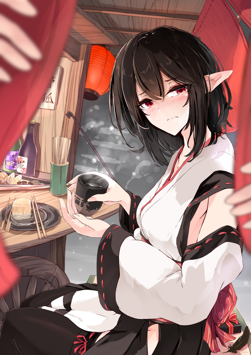 1girl alternate_costume black_hair black_panties black_thighhighs blush bottle box breasts closed_mouth commentary_request cup daikon detached_sleeves food food_stand gift gift_box hair_between_eyes highres holding holding_cup kagami_toufu kourindou_tengu_costume long_sleeves looking_at_viewer medium_breasts medium_hair oden panties panty_peek pointy_ears pov radish red_eyes sake_bottle shameimaru_aya shirt solo thighhighs touhou translation_request underwear valentine white_shirt yatai