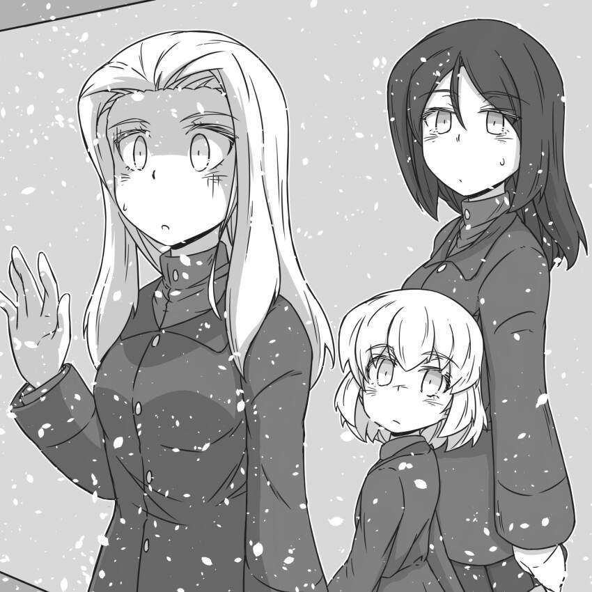 3girls bob_cut clara_(girls_und_panzer) closed_mouth commentary empty_eyes girls_und_panzer greyscale highres jacket katyusha_(girls_und_panzer) light_frown long_hair long_sleeves looking_to_the_side miniskirt monochrome multiple_girls nonna_(girls_und_panzer) open_mouth pleated_skirt pravda_school_uniform renshiu school_uniform short_hair skirt snowing standing sweatdrop turtleneck