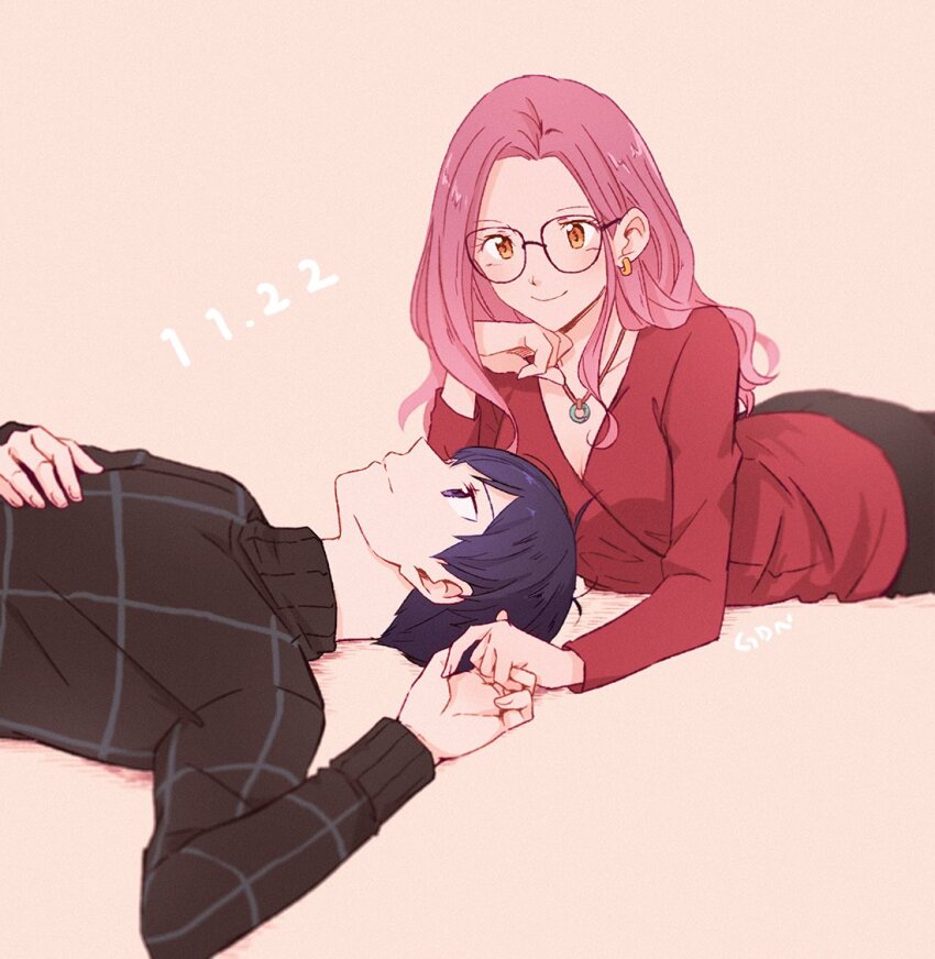 1boy 1girl black-framed_eyewear black_hair black_sweater blue_eyes brown_eyes couple dated digimon digimon_adventure_02 earrings eye_contact gdn0522 glasses hetero holding_hands ichijouji_ken inoue_miyako jewelry long_hair long_sleeves looking_at_another pink_hair red_shirt shirt short_hair smile straight_hair sweater