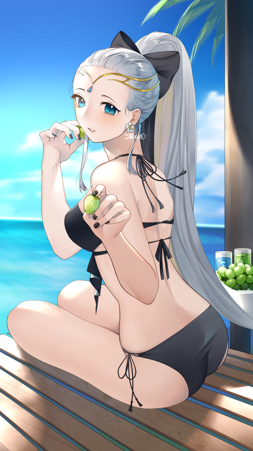 1girl absurdres alternate_costume ass bare_shoulders bikini blush bow breasts circlet eir_(fire_emblem) fire_emblem fire_emblem_heroes food fruit grapes green_eyes hair_bow highres ikura_(downdexp) large_breasts long_hair looking_at_viewer nintendo ponytail sideboob sitting smile solo swimsuit very_long_hair