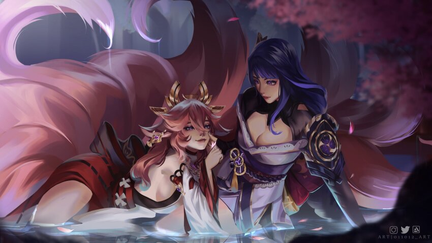 011012_art 2girls animal_ears blunt_bangs braid breasts cherry_blossoms cleavage closed_mouth couple earrings falling_petals genshin_impact hair_between_eyes hair_ornament hand_on_another&#039;s_cheek hand_on_another&#039;s_face headpiece highres japanese_clothes jewelry leaning leaning_on_person leaning_to_the_side long_hair looking_at_another lying medium_breasts multiple_girls multiple_tails night on_side outdoors petals pink_hair pond purple_eyes purple_hair raiden_shogun sideboob single_braid sitting smile tail yae_miko yuri