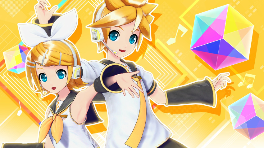 1boy 1girl 3d armband bare_shoulders black_armband blonde_hair blue_eyes bow facing_viewer game_cg hair_between_eyes hair_bow hair_ornament headphones highres kagamine_len kagamine_rin looking_at_viewer musical_note musical_note_print necktie non-web_source official_art open_mouth outstretched_hand project_diva_(series) project_diva_mega39&#039;s reaching reaching_towards_viewer shirt short_hair vocaloid white_bow white_shirt yellow_background yellow_nails