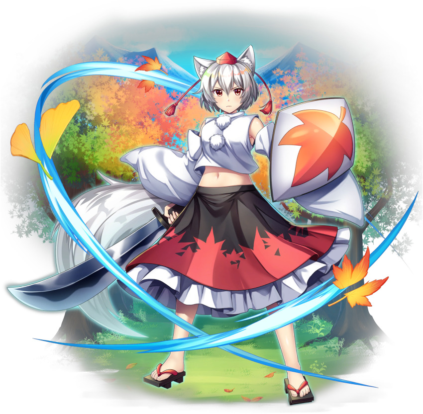 1girl animal_ear_fluff animal_ears autumn_leaves black_sandals black_skirt closed_mouth detached_sleeves falling_leaves frilled_skirt frills full_body game_cg geta ginkgo_leaf grey_hair hat highres holding holding_shield holding_sword holding_weapon inubashiri_momiji leaf leaf_print looking_at_viewer maple_leaf_print midriff navel official_art outdoors pom_pom_(clothes) red_eyes red_hat red_skirt rotte_(1109) sandals shield shirt short_hair skirt solo sword tail third-party_source tokin_hat touhou touhou_lostword transparent_background tree two-tone_skirt weapon white_shirt wide_sleeves wolf_ears wolf_girl wolf_tail