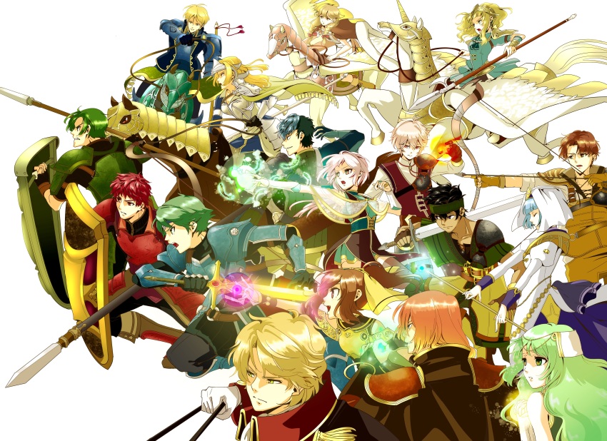 6+boys 6+girls absurdres alm_(fire_emblem) armor arrow_(projectile) bad_id bad_pixiv_id bare_shoulders blonde_hair blue_hair bow bow_(weapon) bracelet braid breastplate brown_eyes brown_hair camus_(fire_emblem) cape clair_(fire_emblem) clive_(fire_emblem) closed_eyes delthea_(fire_emblem) dress faye_(fire_emblem) fighting_stance fire_emblem fire_emblem_echoes:_shadows_of_valentia forsyth_(fire_emblem) gloves gray_(fire_emblem) green_eyes green_hair gumigumi_(23068069) helmet highres holding holding_sword holding_weapon horse horseback_riding jewelry kliff_(fire_emblem) long_hair lukas_(fire_emblem) luthier_(fire_emblem) mathilda_(fire_emblem) multiple_boys multiple_girls nintendo open_mouth original pegasus pegasus_knight_uniform_(fire_emblem) polearm ponytail python_(fire_emblem) riding shield silque_(fire_emblem) simple_background smile sword tatiana_(fire_emblem) tobin_(fire_emblem) twin_braids weapon white_background