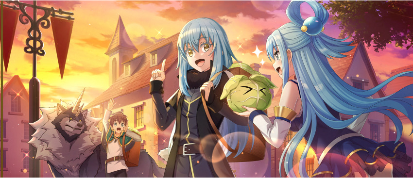 1boy 1girl 1other animal aqua_(konosuba) arm_up armpit_crease ass backpack_basket basket belt black_coat black_pants black_shirt blue_eyes blue_hair blue_shirt blue_skirt breasts brown_belt brown_hair building cabbage cabbage_(konosuba) cape coat collar creature crossover detached_sleeves eye_contact fangs game_cg green_cape green_eyes hair_between_eyes hair_rings hand_on_own_hip hand_up high_collar highres holding holding_creature horns index_finger_raised kono_subarashii_sekai_ni_shukufuku_wo! konosuba!_fantastic_days large_breasts leaning_forward long_hair long_sidelocks long_sleeves looking_at_another miniskirt official_art open_mouth outdoors oversized_animal pants ranga_(tensura) rimuru_tempest road satou_kazuma shade shirt short-sleeved_coat short_hair short_sleeves sidelocks single_hair_ring skirt sleeveless sleeveless_shirt standing street sunset talking tensei_shitara_slime_datta_ken waving white_collar white_horns white_shirt white_sleeves wolf yellow_eyes