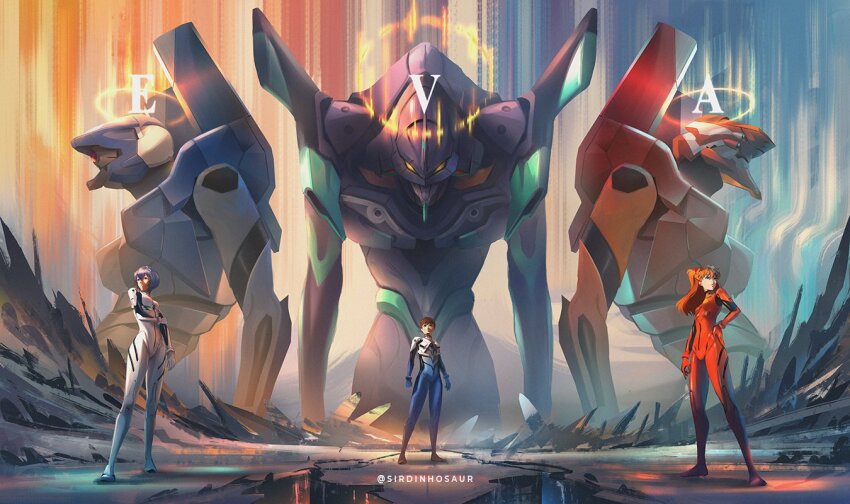 1boy 2girls armor aurora ayanami_rei blue_armor blue_hair brown_hair dinhosaur eva_00 eva_01 eva_02 evangelion_(mecha) ikari_shinji long_hair mecha mecha_pilot_suit multiple_girls neon_genesis_evangelion orange_hair plugsuit_(evangelion) purple_armor red_armor robot short_hair signature souryuu_asuka_langley white_stripes