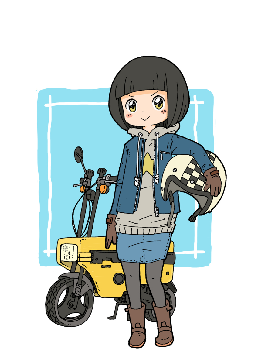 1girl :&gt; black_hair black_pantyhose blue_background blue_jacket blush_stickers bob_cut boots brown_boots brown_gloves carrying carrying_under_arm closed_mouth commentary_request denim denim_skirt drawstring full_body gloves grey_hoodie helmet highres honda_motocompo hood hood_down hoodie jacket long_sleeves motorcycle_helmet open_clothes open_jacket original pantyhose print_hoodie short_hair skirt solo standing star_(symbol) star_print two-tone_background v-shaped_eyebrows white_background white_helmet yellow_eyes yukimoto_shuuji_(gurigura)