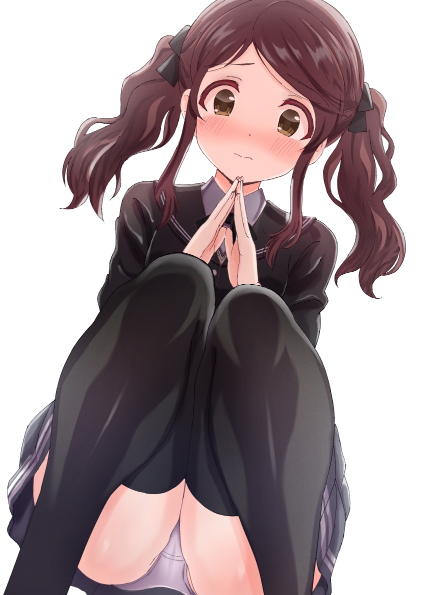 1girl absurdres amagami black_jacket black_skirt black_thighhighs blush brown_eyes brown_hair closed_mouth commentary_request highres jacket kibito_high_school_uniform looking_at_viewer medium_hair nakata_sae panties pantyshot partial_commentary school_uniform simple_background skirt solo thighhighs twintails underwear white_background white_panties yozakura_souki