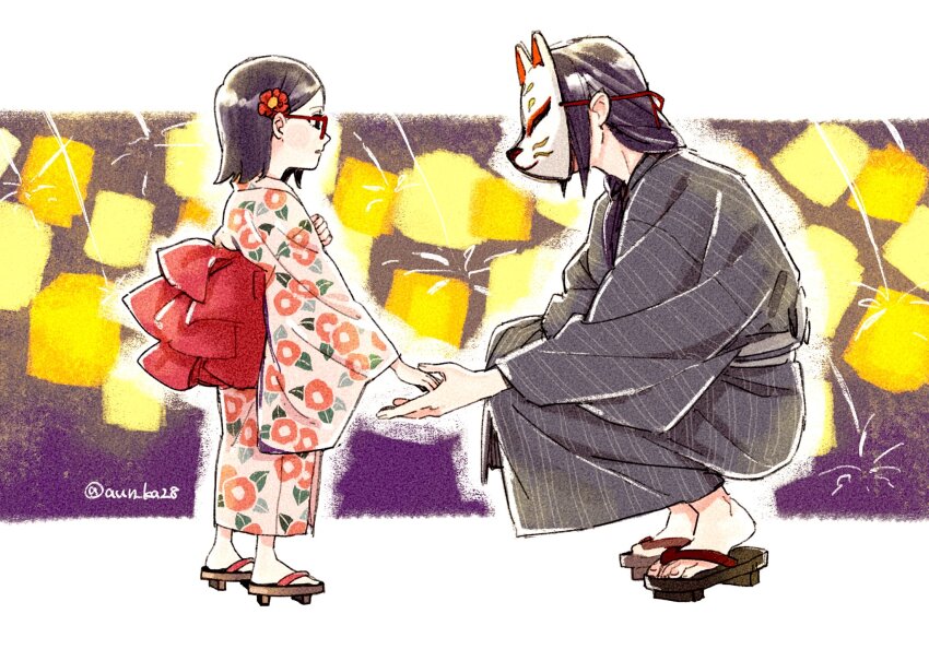 1boy 1girl alternate_universe black_eyes black_hair black_kimono boruto:_naruto_next_generations flower fox_mask geta glasses hair_flower hair_ornament hand_grab highres japanese_clothes kimono mask medium_hair naruto_(series) onka_(aun_ka28) sandals squatting twitter_username uchiha_itachi uchiha_sarada uncle_and_niece wide_sleeves