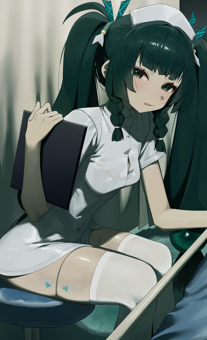 1girl absurdres alternate_costume braided_sidelock breasts button_gap clipboard dress green_eyes green_hair hat highres holding holding_clipboard nurse nurse_cap parted_lips qingyi_(zenless_zone_zero) sitting small_breasts solo syhan thighhighs twintails white_dress white_thighhighs zenless_zone_zero