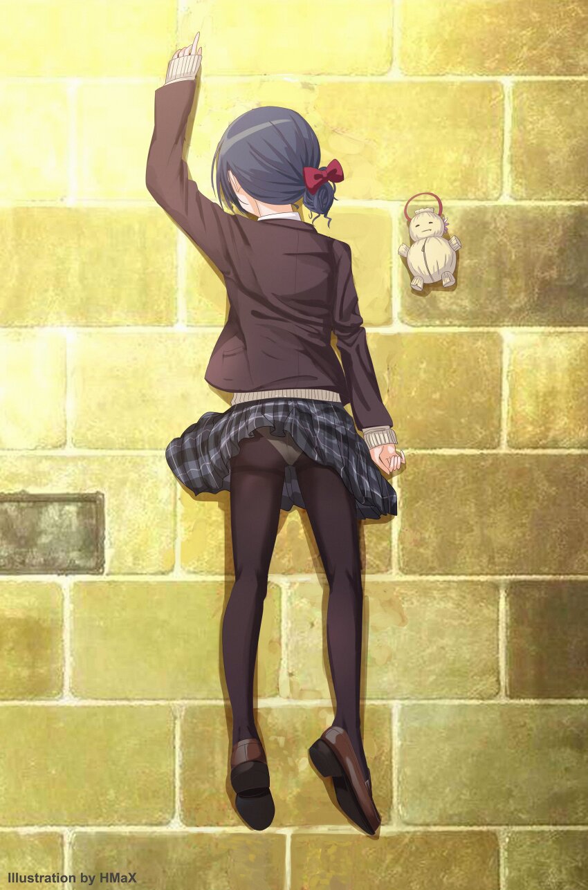 1girl absurdres artist_name black_hair brown_jacket cardigan don&#039;t_you_ever_stop_(meme) full_body grey_skirt gundam gundam_tekketsu_no_orphans hair_bun hair_ribbon highres hmax idolmaster idolmaster_shiny_colors jacket loafers long_sleeves lying meme morino_rinze on_stomach orga_itsuka panties pantyhose pantyshot pavement plaid_clothes plaid_skirt pleated_skirt ribbon school_uniform shirt shoes short_hair skirt solo straw_doll underwear white_shirt yellow_cardigan