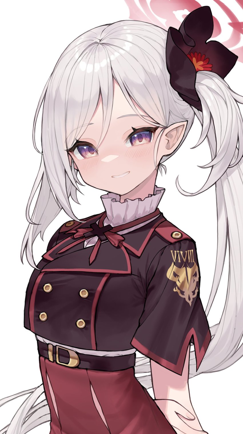 1girl absurdres arched_back arms_behind_back belt black_flower blue_archive buttons cropped_jacket double-breasted flower grey_hair grin hair_between_eyes hair_flower hair_ornament hair_scrunchie halo high-waist_skirt highres long_hair looking_at_viewer mutsuki_(blue_archive) neck_ribbon pointy_ears purple_eyes ribbon scarlet23i0 scrunchie short_sleeves side_ponytail simple_background skirt smile swept_bangs upper_body very_long_hair white_background wide_sleeves