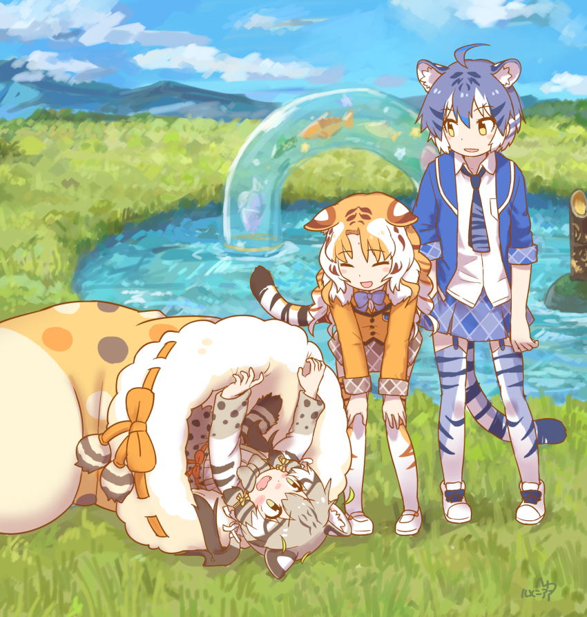 3girls animal_ears animal_print blonde_hair blue_bow blue_bowtie blue_hair blue_jacket blue_necktie blue_skirt blue_thighhighs blue_trim blush boots bow bowtie brown_bow brown_bowtie brown_hair brown_skirt brown_sleeves brown_trim cat_ears cat_girl cat_print cat_tail closed_eyes collared_shirt curly_hair extra_ears fangs garter_straps geoffroy&#039;s_cat_(kemono_friends) golden_tabby_tiger_(kemono_friends) green_eyes grey_hair hair_between_eyes hair_bow hair_tie hands_on_own_knees high-waist_skirt highres jacket kemono_friends laughing loafers long_hair long_sleeves lying maltese_tiger_(kemono_friends) multicolored_hair multiple_girls necktie on_back open_clothes open_jacket open_mouth orange_jacket orange_thighhighs plaid_clothes plaid_skirt plaid_trim pleated_skirt print_bow print_bowtie print_necktie print_skirt print_sleeves print_thighhighs rumenia_(ao2is) shirt shoes short_hair sidelocks skirt smile tail thighhighs tiger_ears tiger_girl tiger_print tiger_tail twintails white_footwear white_hair white_shirt yellow_eyes zettai_ryouiki