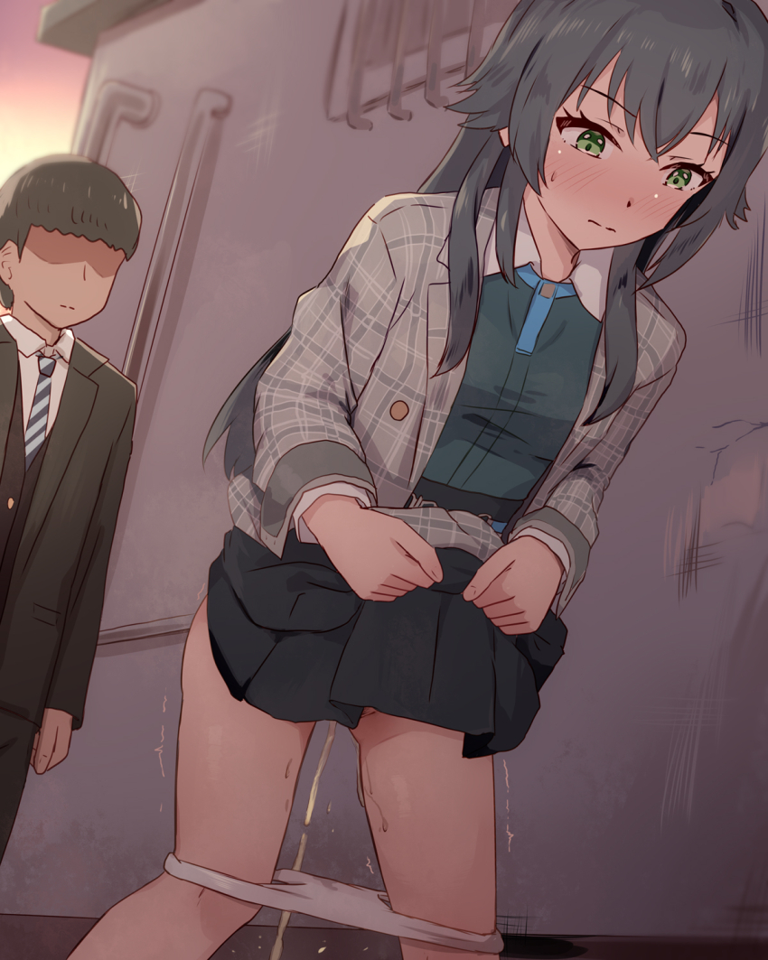 1boy 1girl black_hair black_shoes black_skirt breasts closed_mouth commentary_request gakuen_idolmaster green_eyes highres idolmaster jacket long_hair long_sleeves miniskirt outdoors paid_reward_available panties panty_pull pee peeing plaid_clothes plaid_jacket seneto shoes skirt small_breasts solo_focus tsukimura_temari underwear white_panties