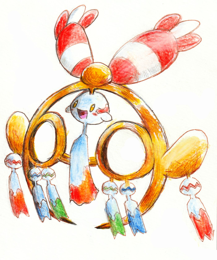 chimecho colored_sclera full_body gen_3_pokemon happy highres kirin1204 mega_chimecho mega_pokemon nintendo no_humans open_mouth pokemon pokemon_(creature) pokemon_focus pokemon_legends:_z-a simple_background smile solo white_background wind_chime yellow_eyes yellow_sclera