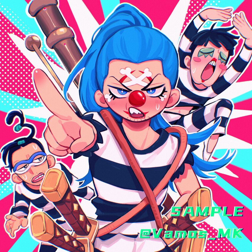 3boys arms_up black_hair blue_eyes blue_hair blush_stickers bon_clay buggy_the_clown clown_nose deformed facepaint facial_hair galdino goatee_stubble highres impossible_hair long_hair long_sleeves male_focus mask multiple_boys one_piece open_mouth pointing pointing_forward ponytail prison_clothes shoes stubble sunburst sunburst_background sword torn_clothes torn_sleeves vamos_mk weapon white_shoes