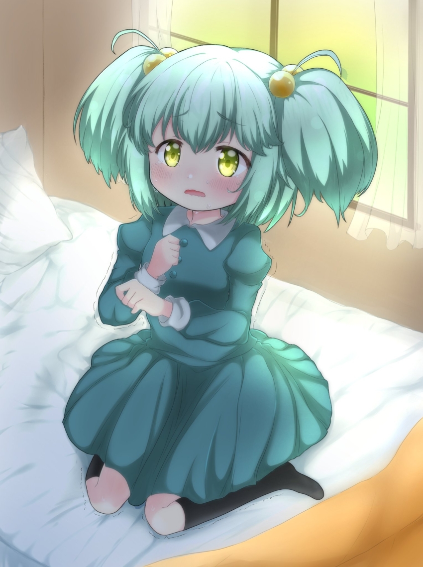 1girl bed child chitose_yuma collared_dress dress green_dress green_eyes green_hair highres hiro_(05112423) kneeling mahou_shoujo_madoka_magica mahou_shoujo_oriko_magica on_bed solo window