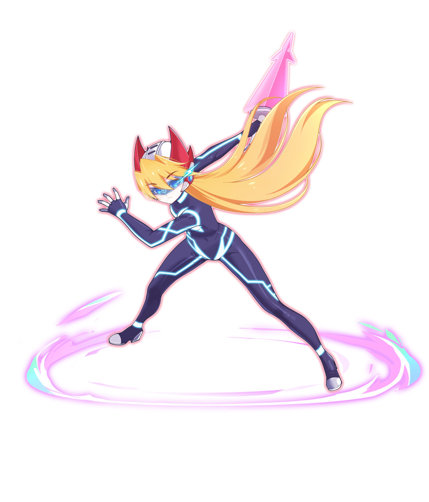1girl absurdres aizeis alternate_costume alternate_hairstyle belt blonde_hair blue_eyes bodystocking boots breasts chest_jewel ciel_(mega_man) closed_mouth commission commissioner_upload energy_sword eyelashes fake_horns forehead_jewel full_body gauntlets gloves helmet highres holding holding_weapon horned_helmet horns knee_boots knee_pads long_hair looking_at_viewer mechanical_ears mega_man_(series) mega_man_zero_(series) mega_man_zx model_o_(mega_man) no_armor non-web_source petite shorts small_breasts solo standing sword transparent_background weapon