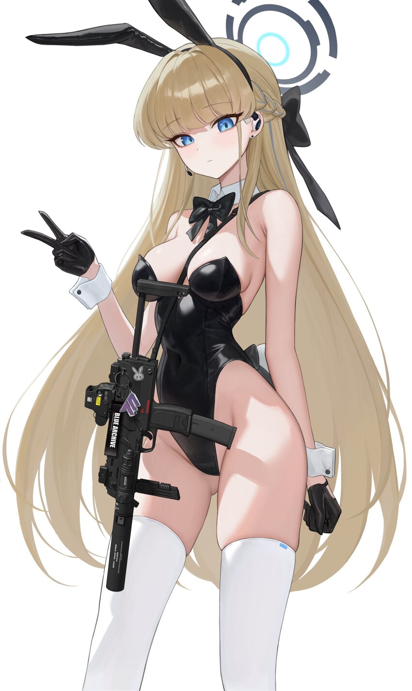 1girl absurdres alternate_color animal_ears black_gloves black_leotard blonde_hair blue_archive blue_eyes bow detached_collar earpiece expressionless fake_animal_ears fake_tail gloves gun h&amp;k_mp7 hair_bow halo heine_(haloo1101) highleg highleg_leotard highres leotard long_hair playboy_bunny rabbit_ears rabbit_tail solo strapless strapless_leotard submachine_gun tail thighhighs toki_(blue_archive) toki_(bunny)_(blue_archive) v weapon white_background white_thighhighs white_wrist_cuffs wrist_cuffs
